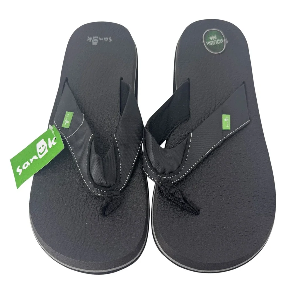 Sanuk Beer Cozy Mens Black Flip Flop Sandals Yoga Mat Footbed BLK Sz 12 NWT